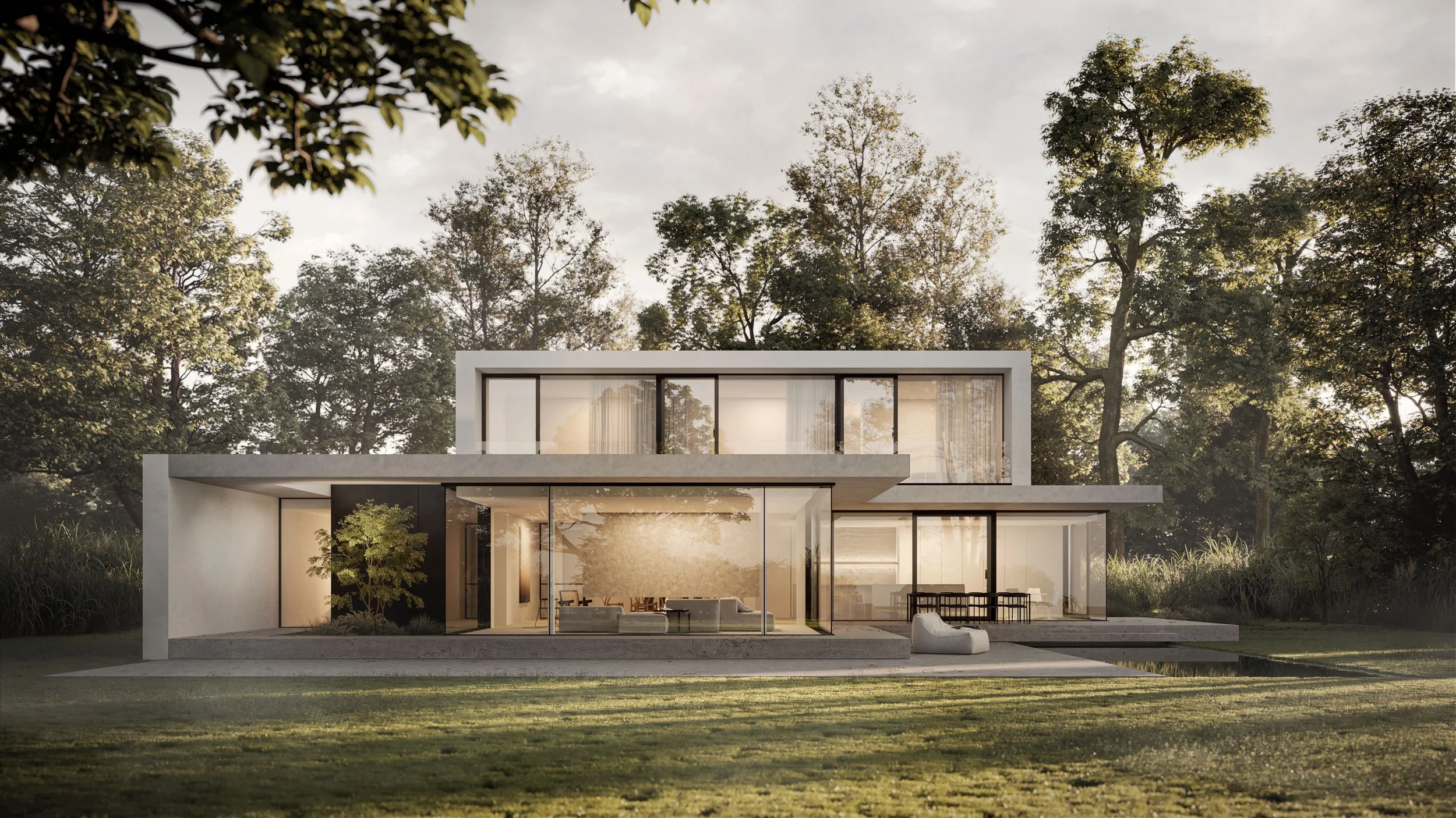 Moderne, hedendaagse woning in grijs genuanceerd pleisterwerk met grote glaspartijen in minimal windows