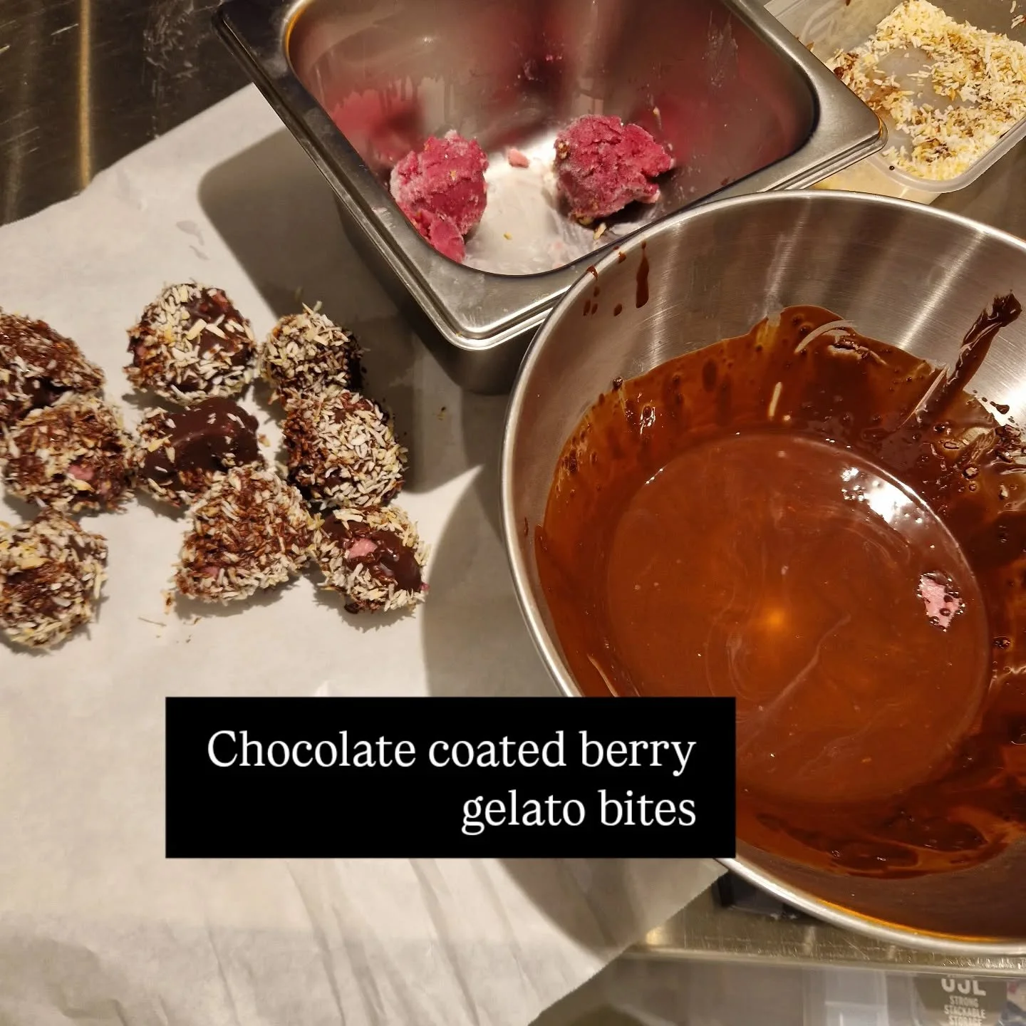 Tasty for sure but does adding a chocolate magic shell to raspberry gelato make something greater than its parts?

I'd have to say no.

Scottish raspberry gelato = delicous
Vegan dark chocolate + toasted coconut = delicous.

But together they drown e