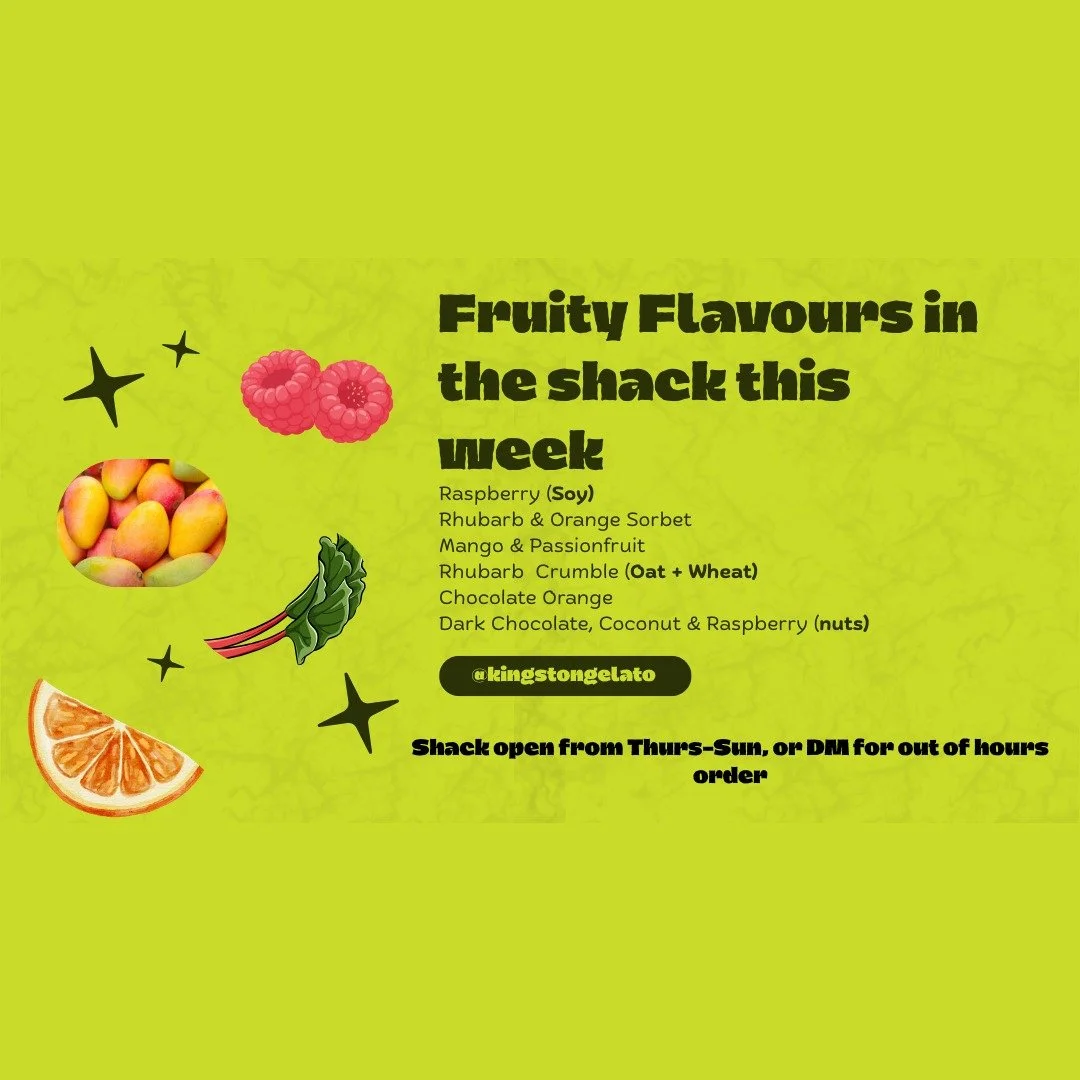 A good stock of fruity flavours in the shack this weekend.

Mango &amp; Passionfruit
Raspberry
Rhubarb Sorbet
Rhubarb Crumble

And some chocolate-fruit combos.

#kingstongelato #sunnyday #moraysmallbusiness #fruitgelato #dairyfreeflavours