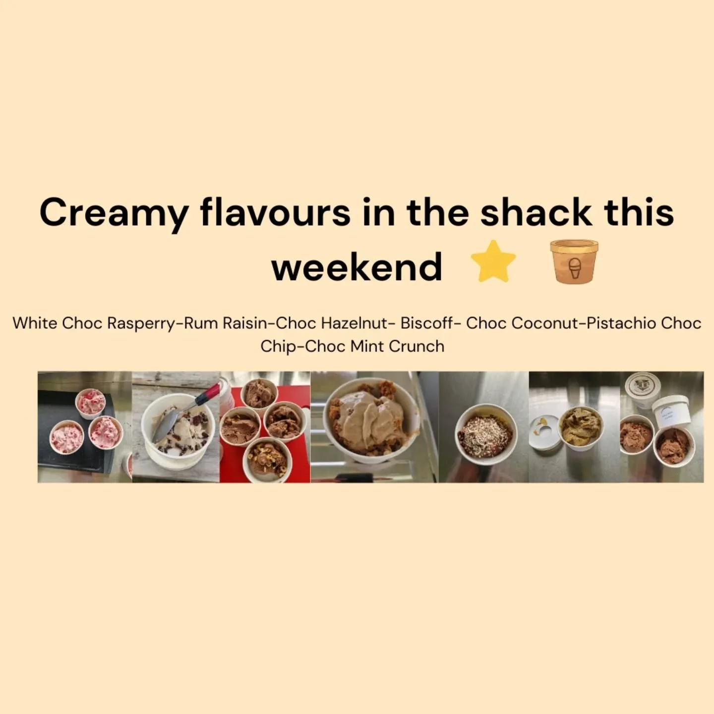 Loadsa creamy flavours in the shack this weekend to fill your gelato fix while waiting for that arctic wind to blow away.

Rum Raisin
White Chocolate &amp; Raspberry
Choc Hazelnut
Choc Coconut
Biscoff
Choc Mint Crunch

#homemadegelato #weekendtreat
#