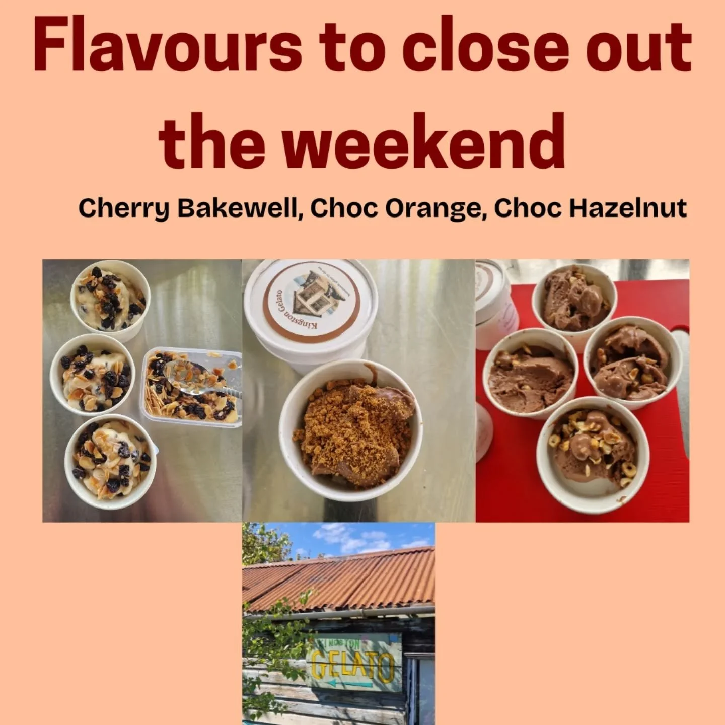 Many more in stock but these are my faves for the perfect close out to the weekend.

Cherry Bakewell
Chocolate Orange (just churned)
Chocolate Hazelnut

Rich, creamy, dairy- free flavours.

Opening 2-5, around the same time the rain is forecast to st