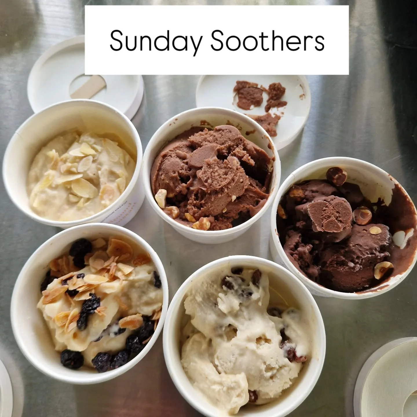 Luxury pots in the shack today.

Rum raisin
Dark chocolate &amp; toasted hazelnut
Milk chocolate &amp; toasted hazelnut
Almond croissant
Cherry Bakewell

#sundaytreat #shoplocal #Moray
#homemadegelato #dairyfree