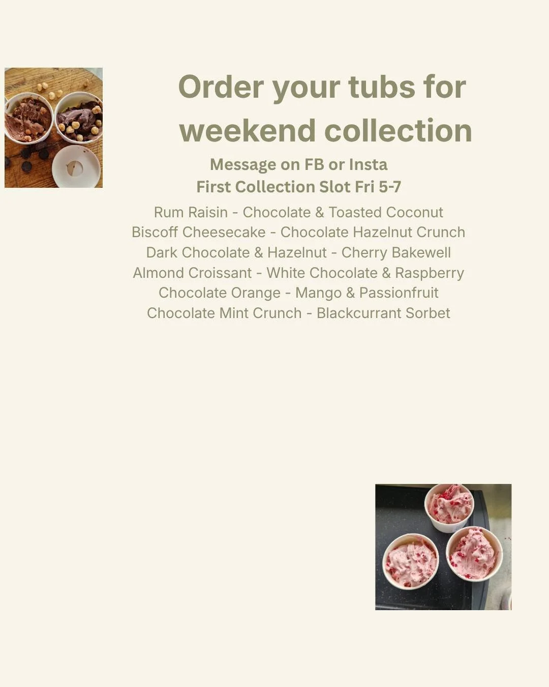 Time to start thinking about those weekend treats - isn't it? 

I'm rolling out a slightly different process. Order your tubs here on FB, or Insta or drop me an email and place your order for collection during one of the weekend collection slots.

Th