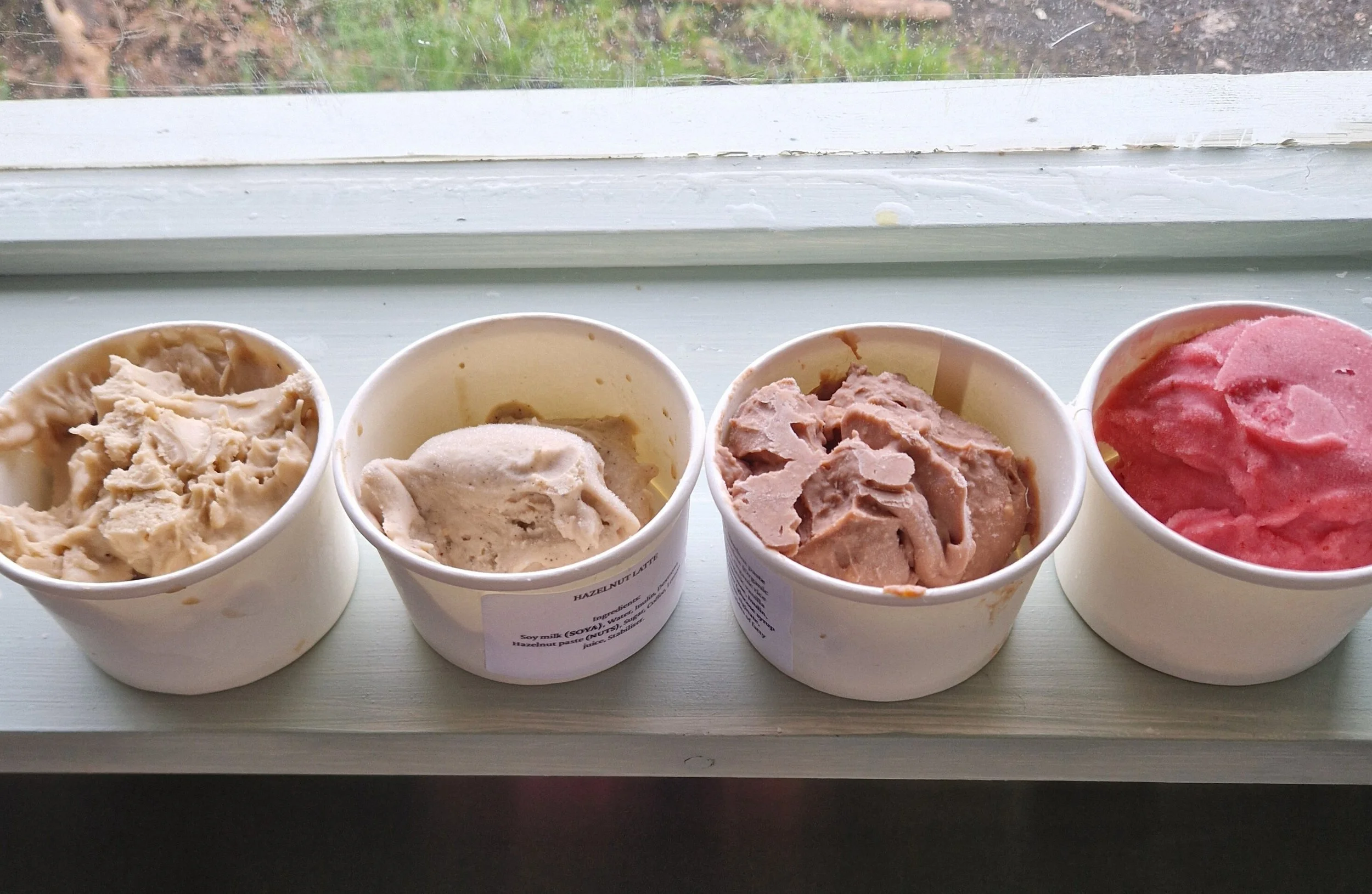 Caramel Latte, Hazelnut Latte, Chocolate Gianduja, Strawberry vegan gelato