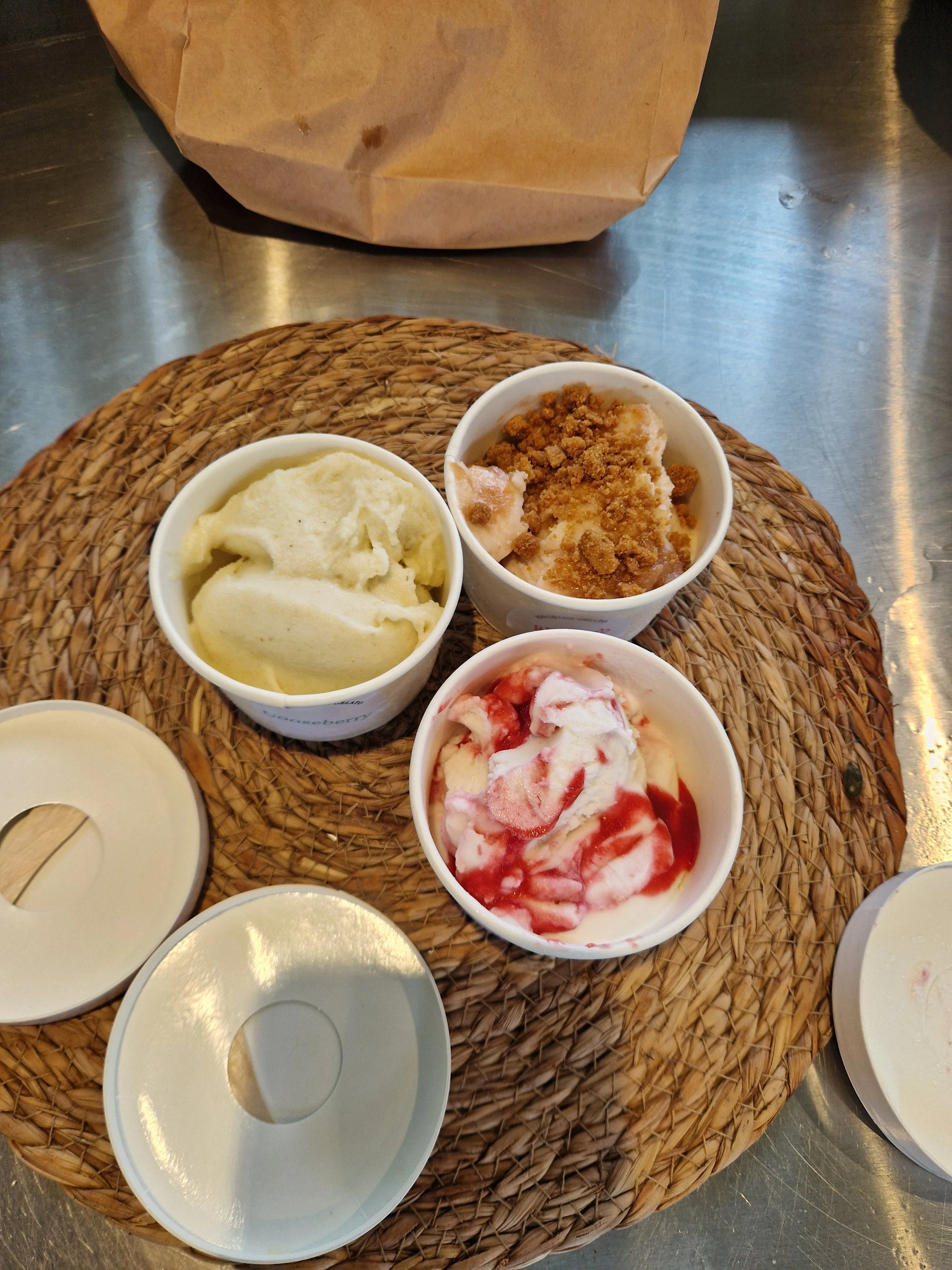Dairy-free and vegan friendly gelato. Raspberry Ripple, GF Rhubarb Crumble, Gooseberry