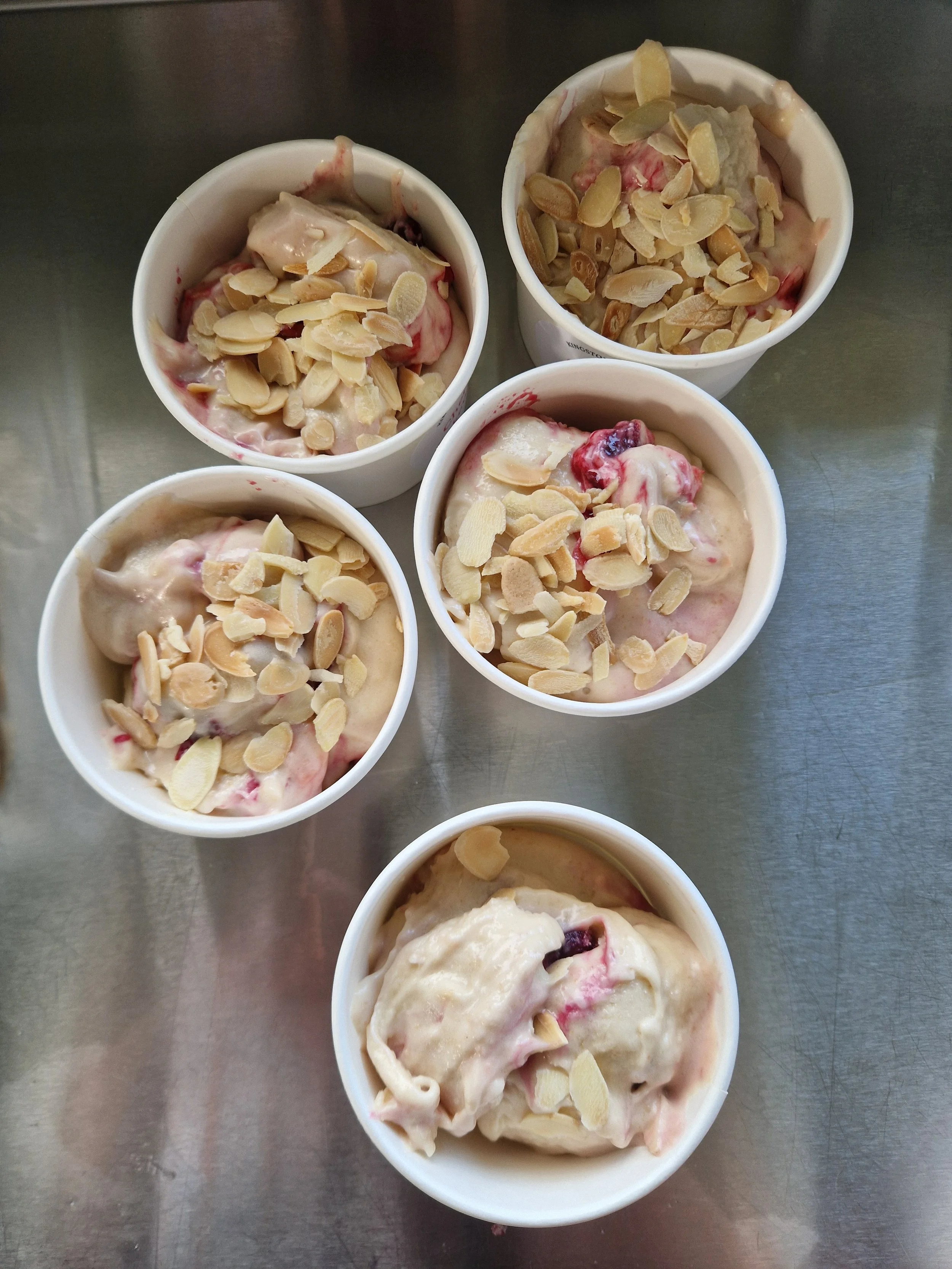 Cherry Bakewell Gelato, dairy free, almond base.
