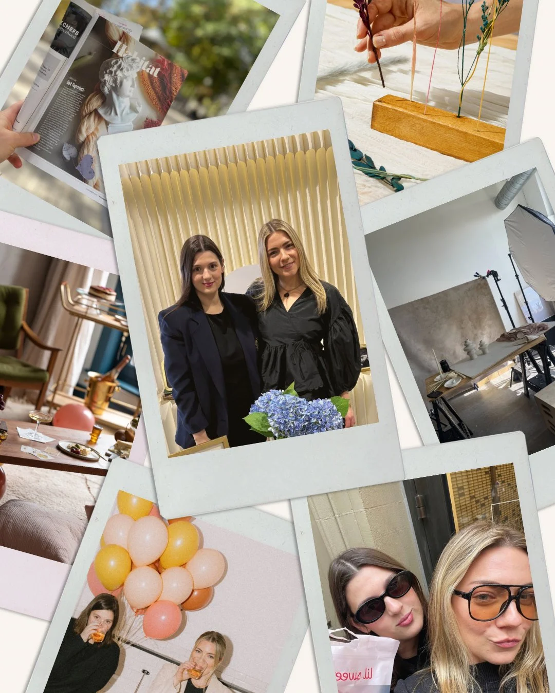 Collage of photos including two women in glasses taking selfies, a woman holding a bunch of balloons, two women drinking drinks, a studio setup with lighting, two women dressed professionally posing with a bouquet of flowers, and a person working with plants.