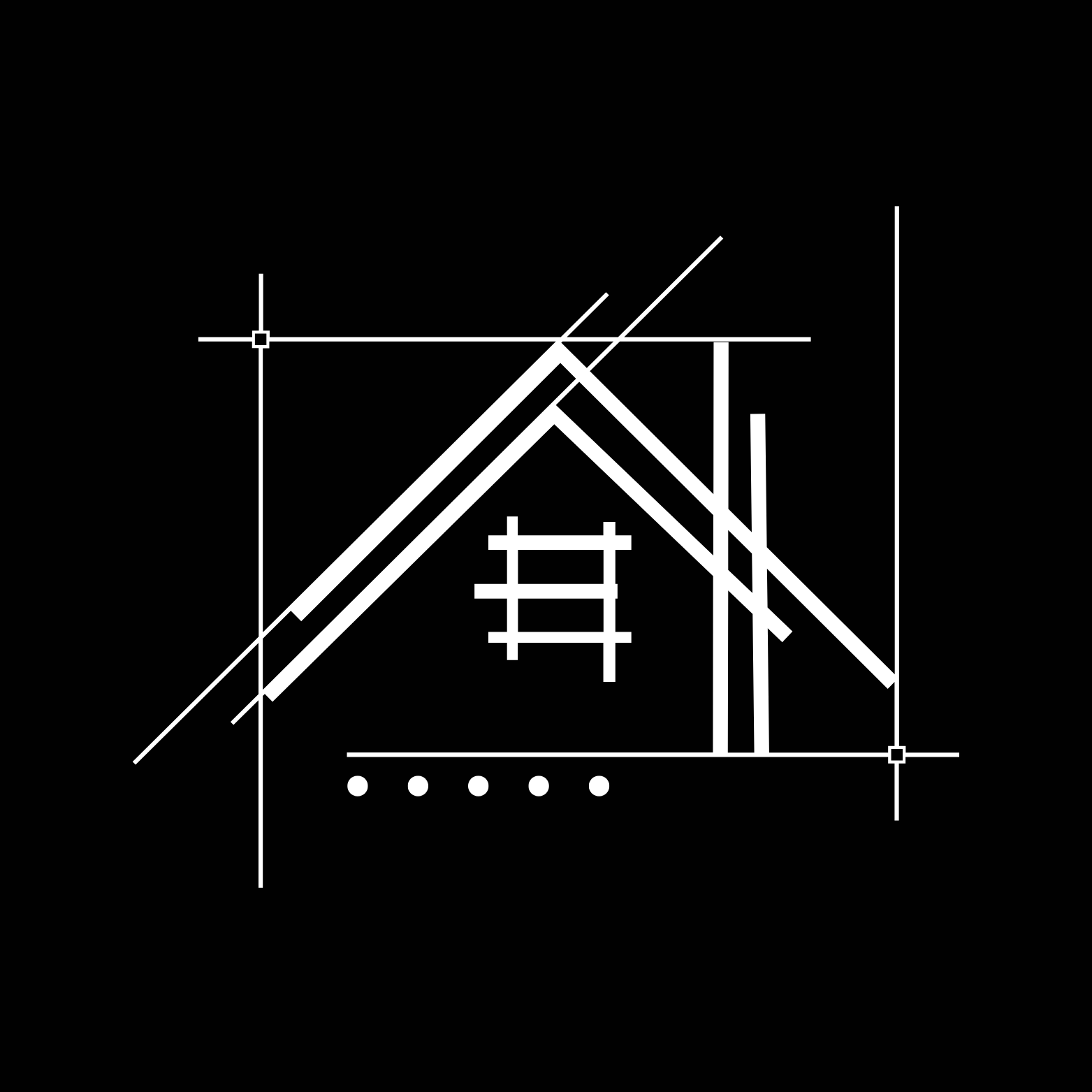 Black background with a white technical blueprint of a construction or architectural project, including lines, measurements, and structural details.