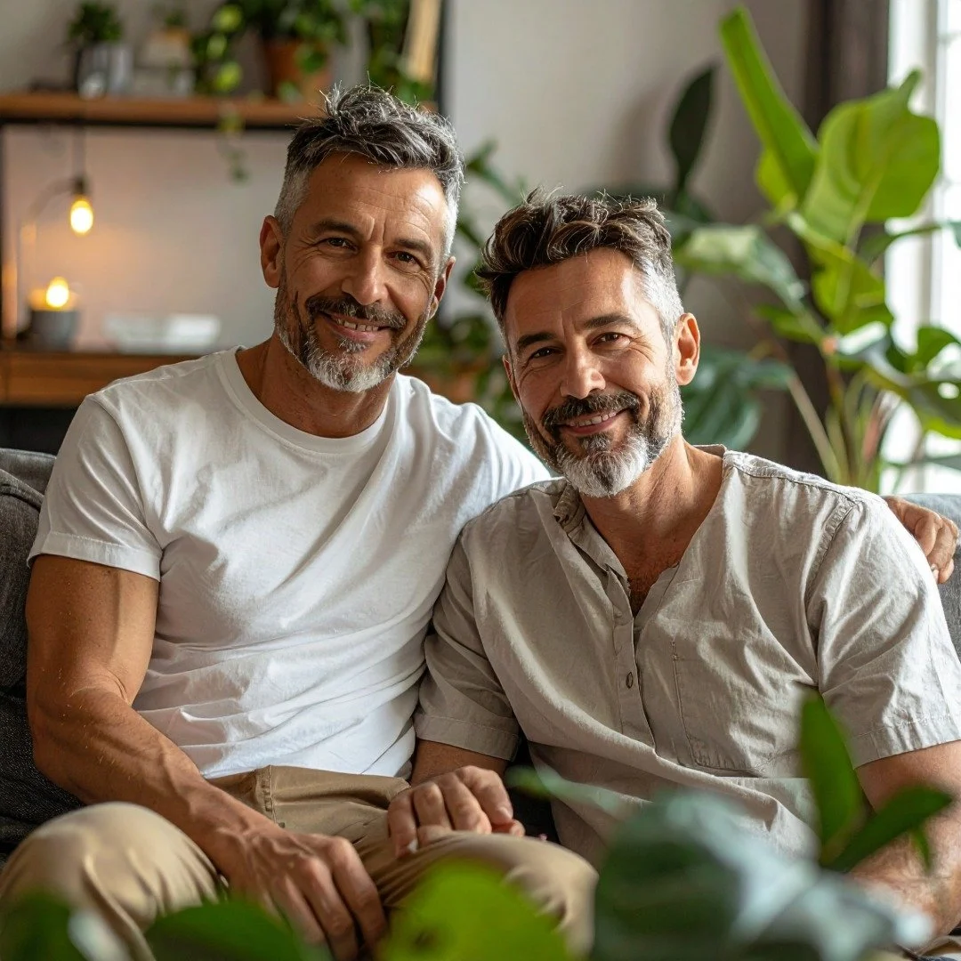 Two middle-aged men with gray beards smiling and sitting close together on a couch in a cozy home with plants and warm lighting.