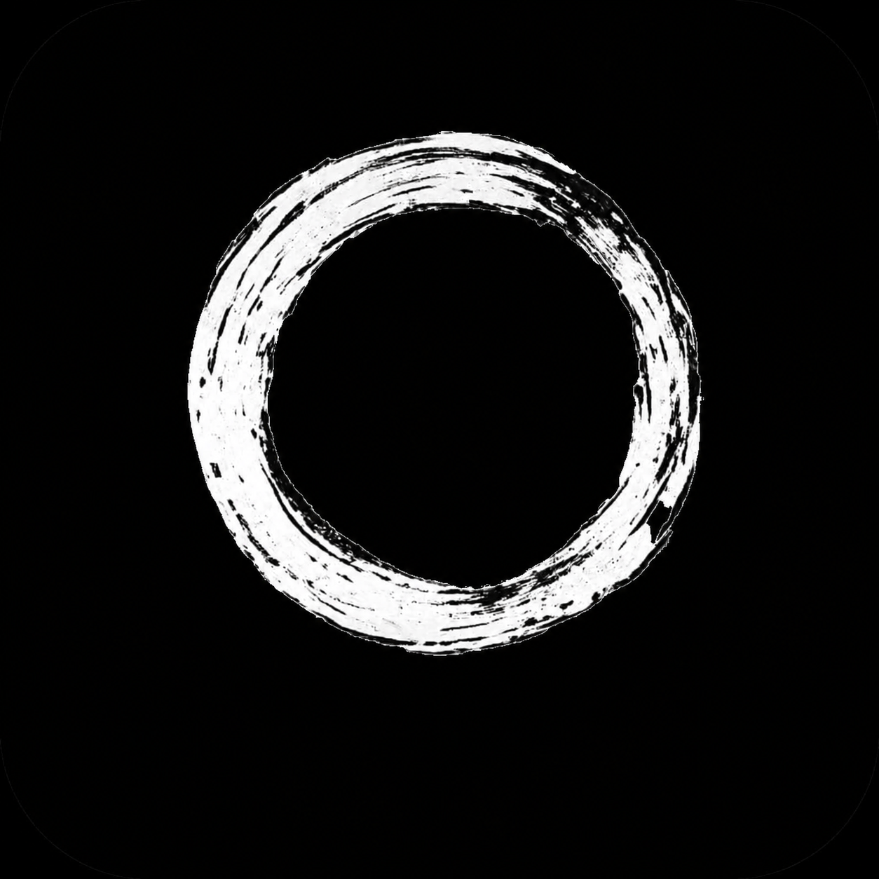 White circular brushstroke symbol on black background, resembling an Enso Zen circle.
