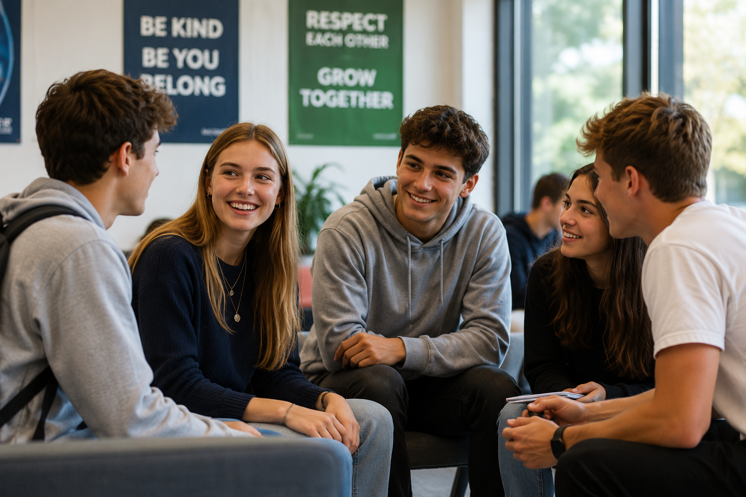 Group of five teenagers sitting and talking in a brightly lit room with blue and green posters on the wall that say "Be Kind Be You Belong" and "Respect Each Other Grow Together".