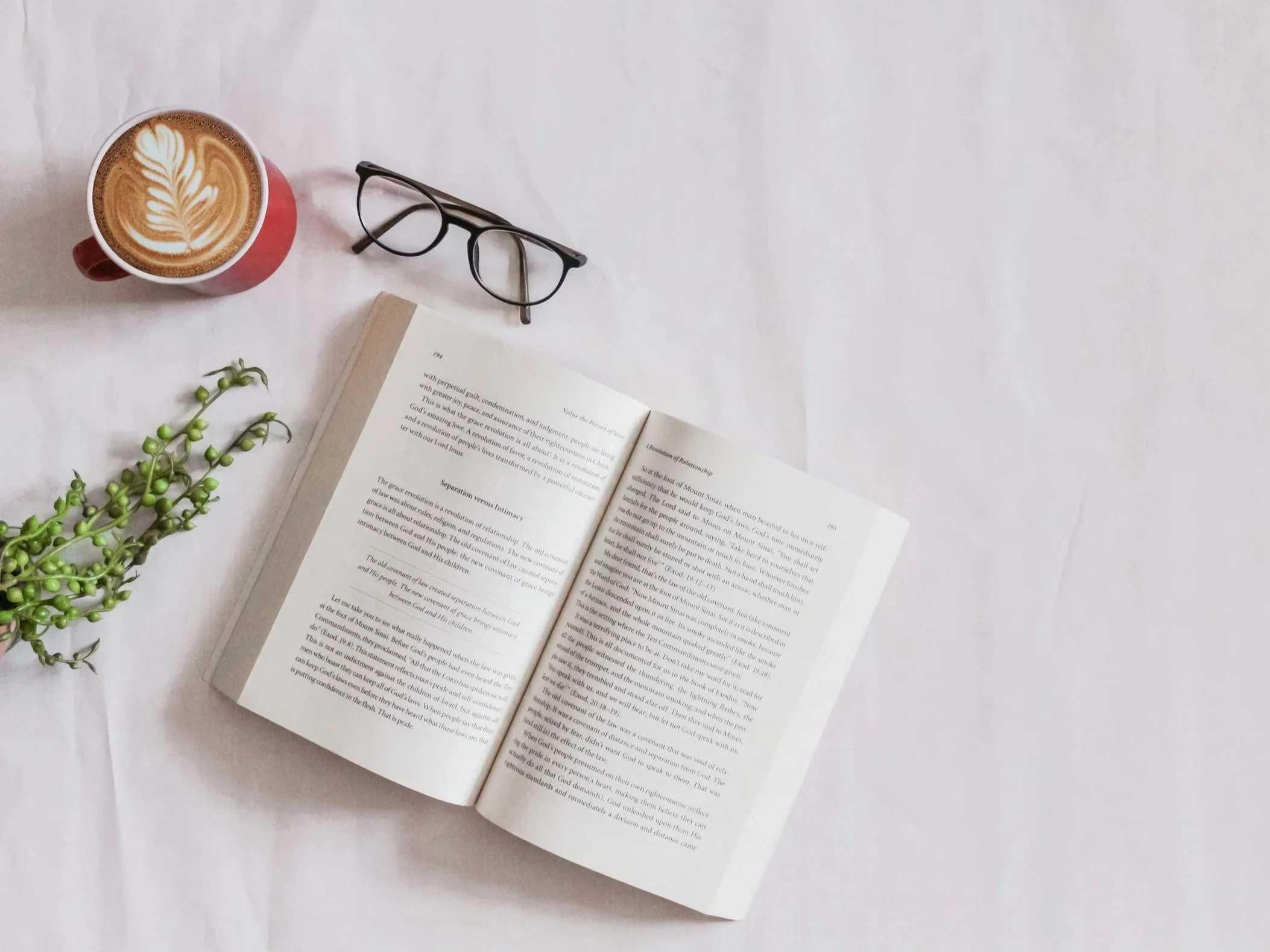 Open book, coffee cup with latte art, black glasses, and green plant on a light table.