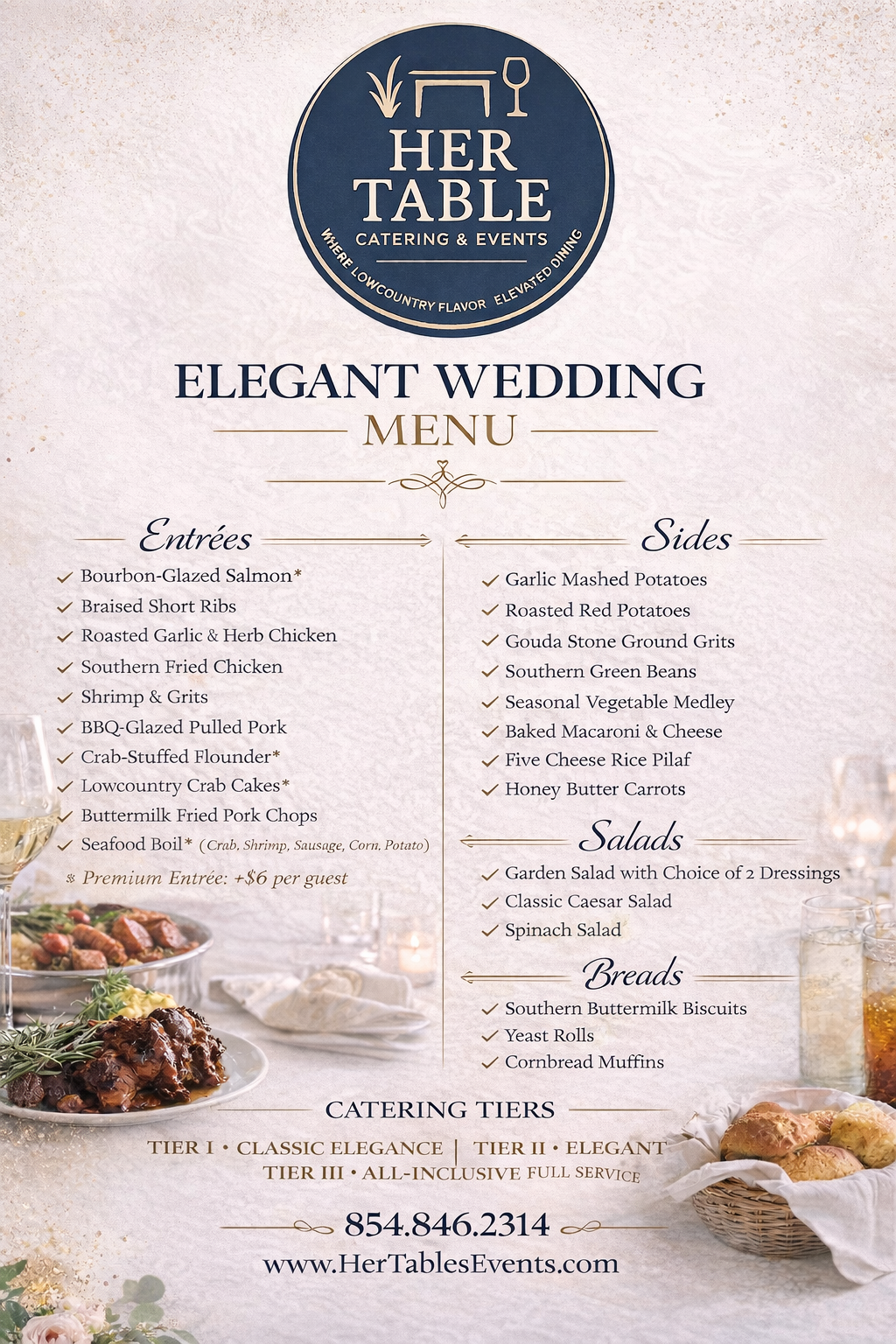 Wedding catering menu from Her Table Catering & Events, featuring entrées, sides, salads, breads, and catering tiers, with elegant design and food images at the bottom.