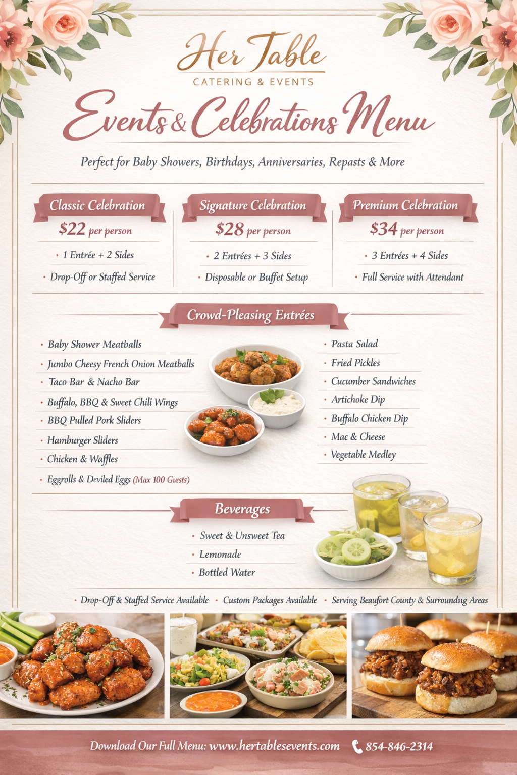 Event catering menu featuring celebration packages, crowd-pleasing entrees, and beverages, with floral design accents and in-house food and drink images.
