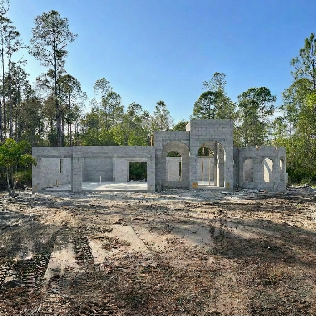 Construction site with an unfinished stone structure resembling a castle or mansion, surrounded by trees and dirt ground.