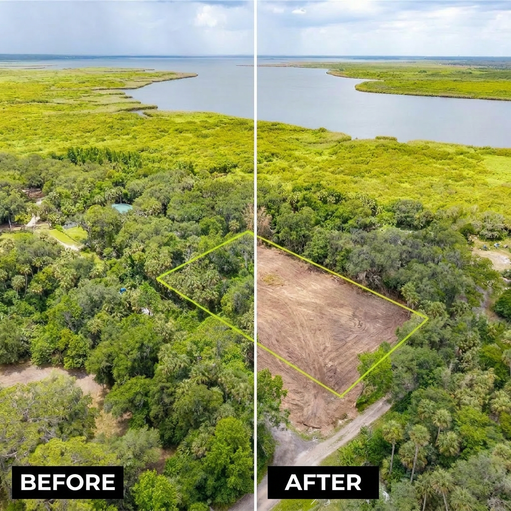An aerial comparison of a lush green forested area before and after land clearing. The 'before' side shows dense trees, while the 'after' side shows a cleared plot of land.