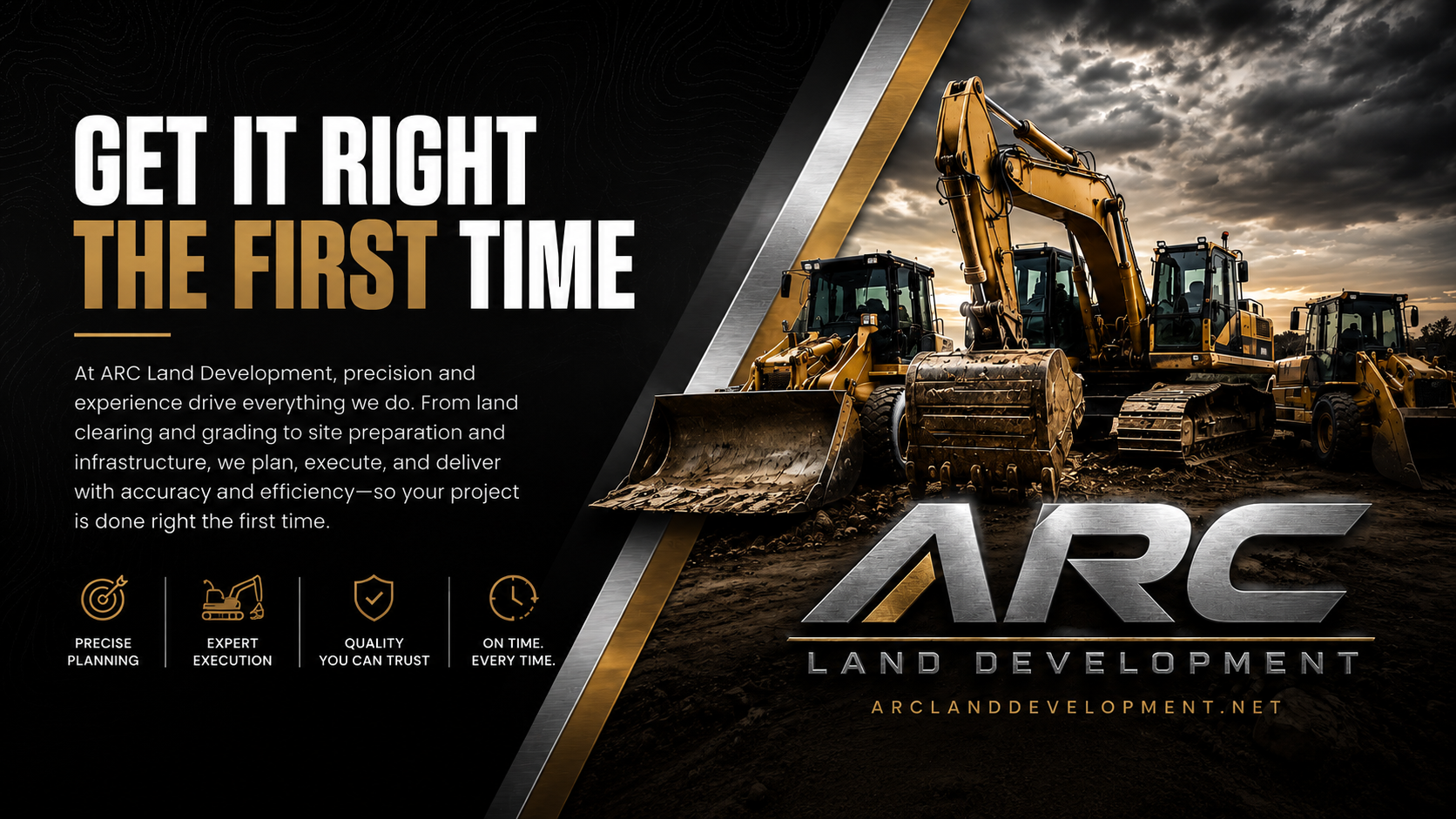 Construction equipment including bulldozers and excavators on a construction site during a cloudy sunset, with text overlay promoting ARC Land Development services.