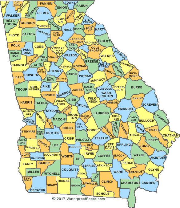 Map of Georgia state counties with each county labeled by name and colored in yellow, green, orange, or blue.