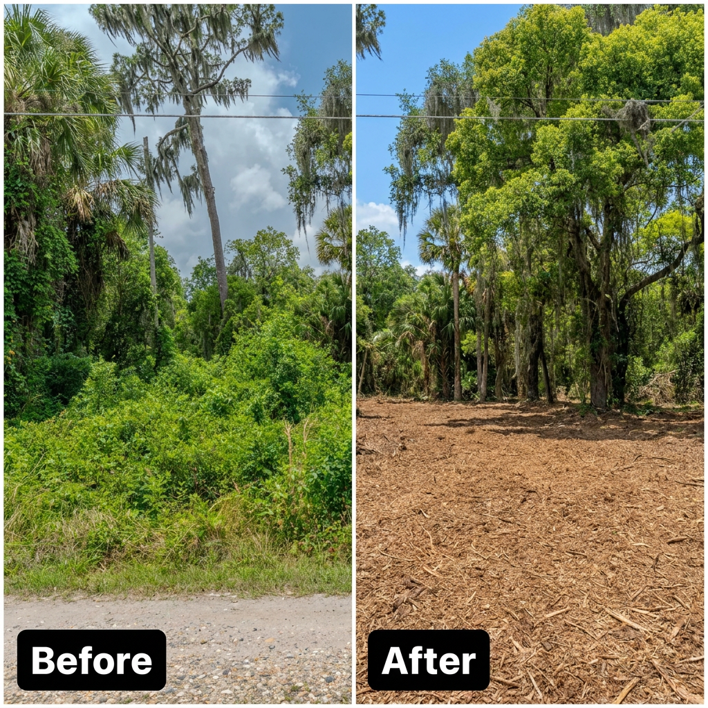 Comparison of a forest area before and after clearing. The left side shows dense green foliage and trees with overgrown underbrush, while the right side shows a cleared area with a dirt ground and remaining trees.
