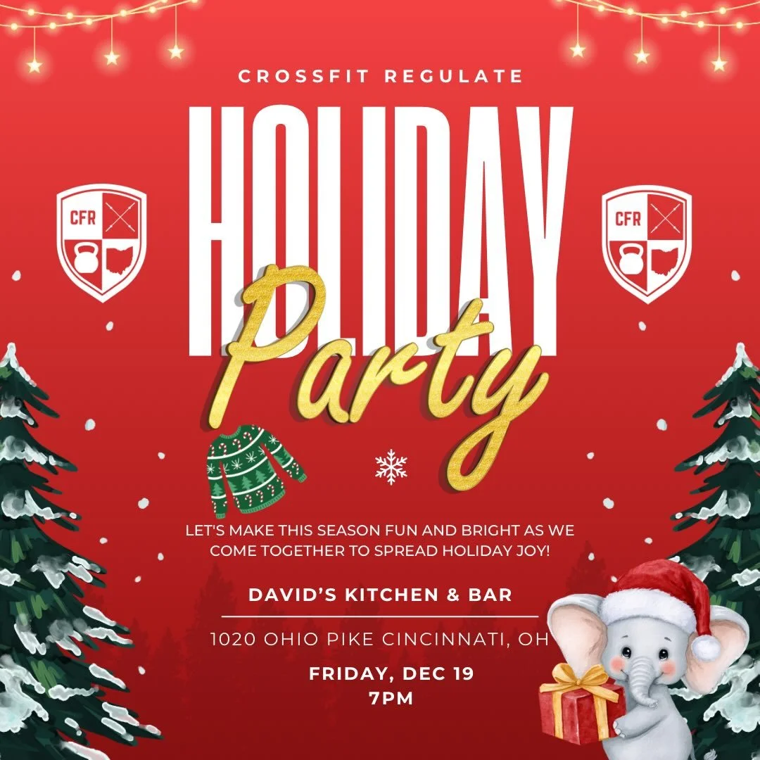 🎄🎉 CFR Holiday Celebration &ndash; Members Only 🎉🎄

The lifts are done, the year is almost wrapped, and it&rsquo;s time to celebrate CFR-style.

Join your CrossFit Regulate crew for a festive holiday night at David&rsquo;s Kitchen &amp; Bar
📅 Fr