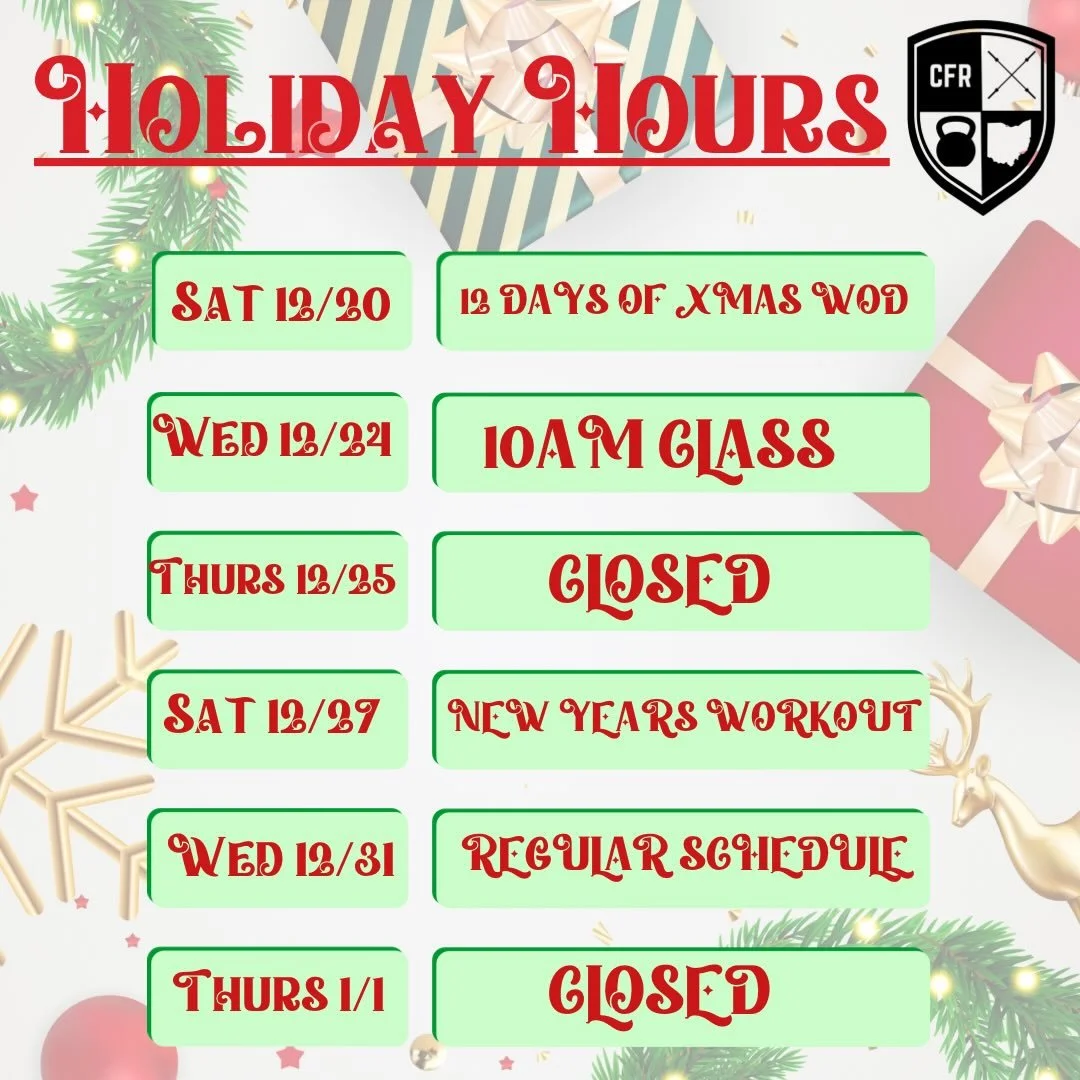 Holiday hours are up but the work doesn&rsquo;t stop. 🎄
Traveling or home for the week? Drop in, get a solid sweat, and keep your momentum. New here? First week is on us.

#crossfitregulate #crossfit #amelia #batavia #cincinnati #functionaldfitness