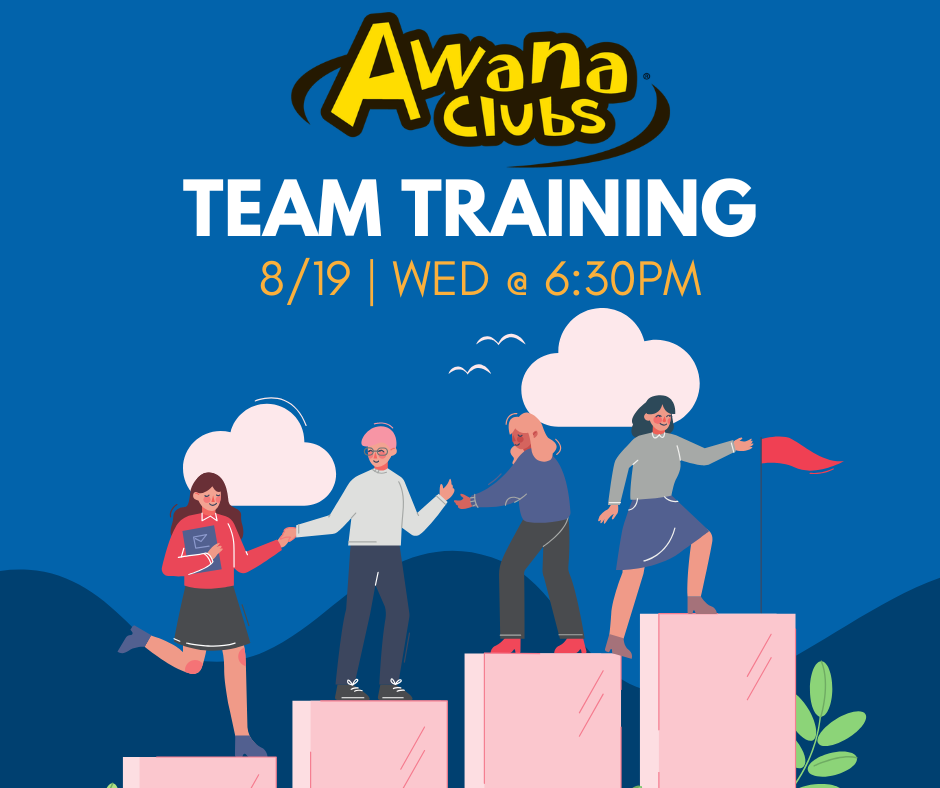 Announcement for Awana Clubs hiring parents to help run the Awana store, featuring a cartoon man with a megaphone.