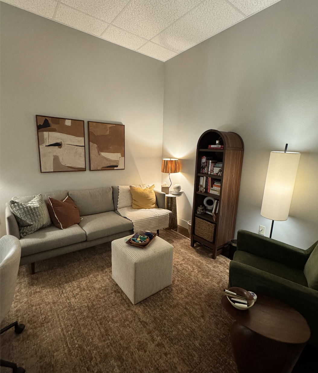 Cozy therapy office with soft lighting in Bentonville Arkansas.
