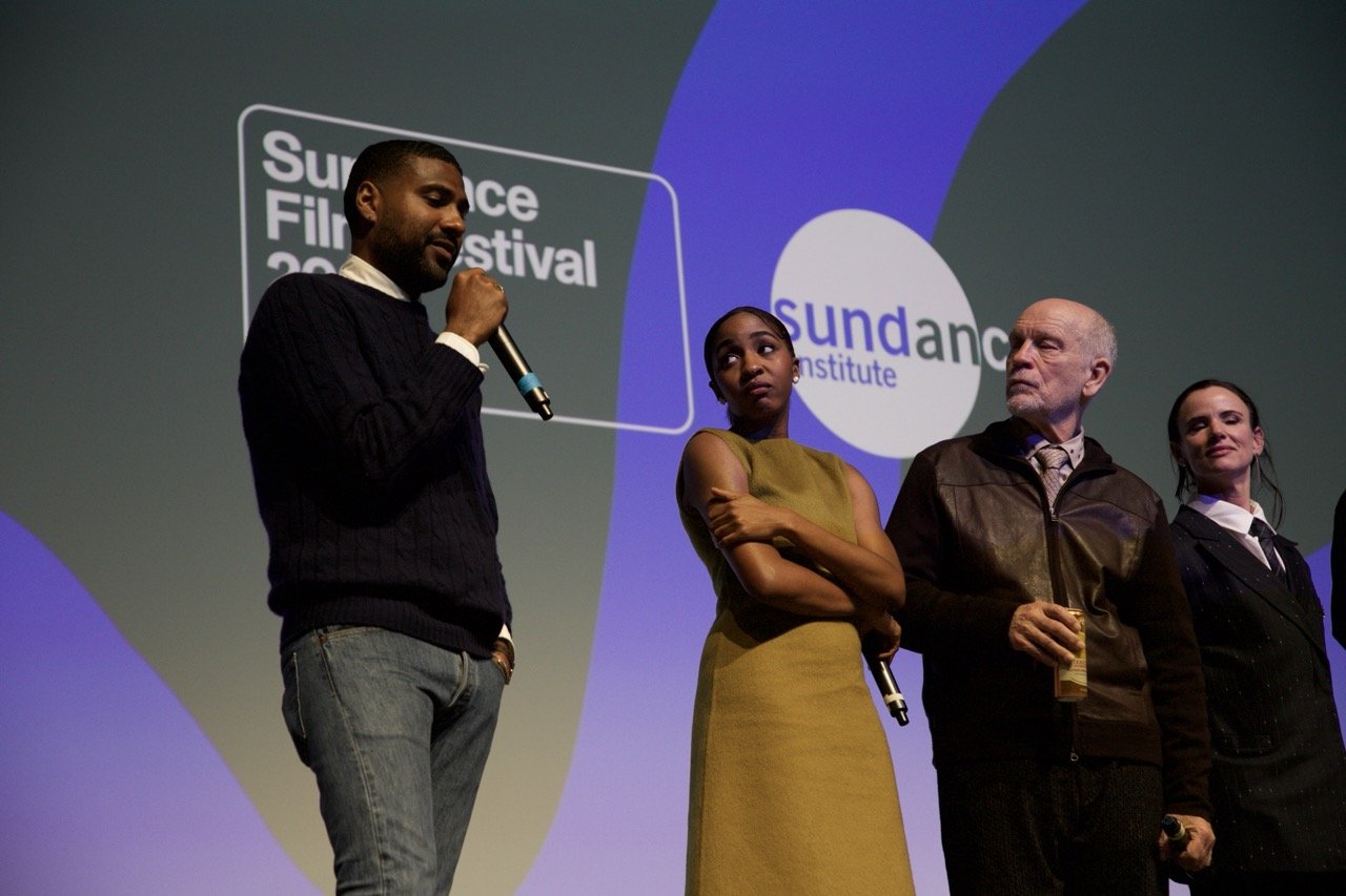 (Left to Right) Director Mark Anthony Green with cast Ayo Edibri, John Malcovich, and Juliette Lewis at the Sundance Premiere of 'Opus' (2025).