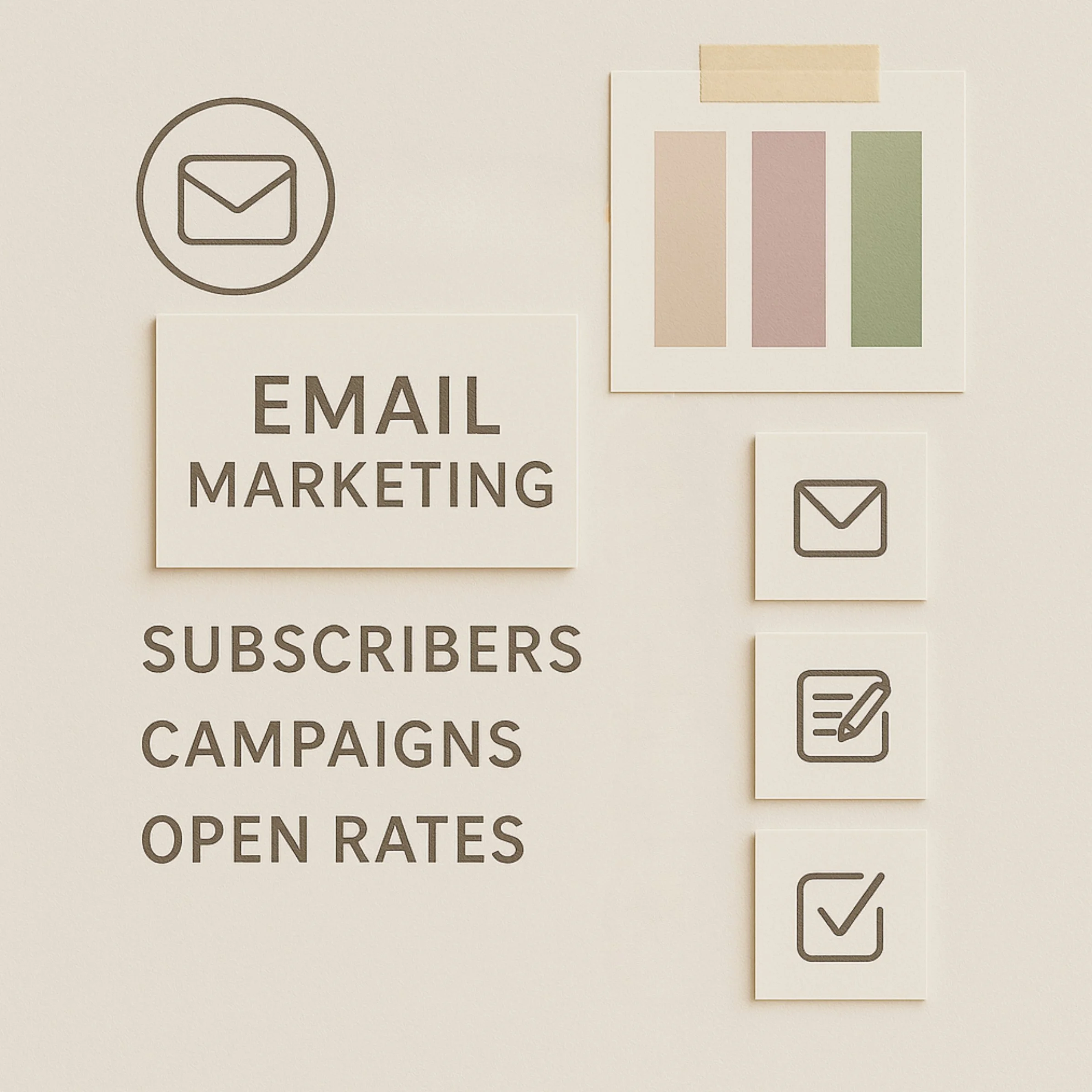 Infographic on email marketing with icons of email, checklist, and checkmark, and categories like subscribers, campaigns, and open rates.