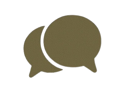 Two overlapping speech bubbles, one larger and one smaller, in an olive green color on a light cream background.