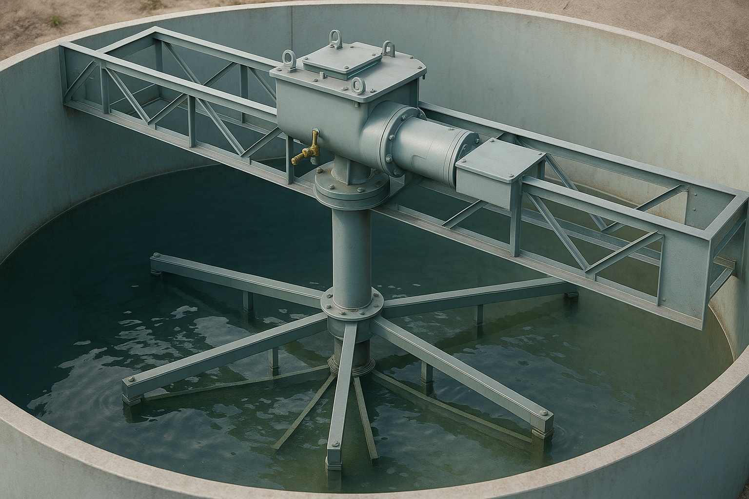 A large industrial water treatment or storage tank with a mechanical arm or mixer inside, made of metal, partially submerged in water.