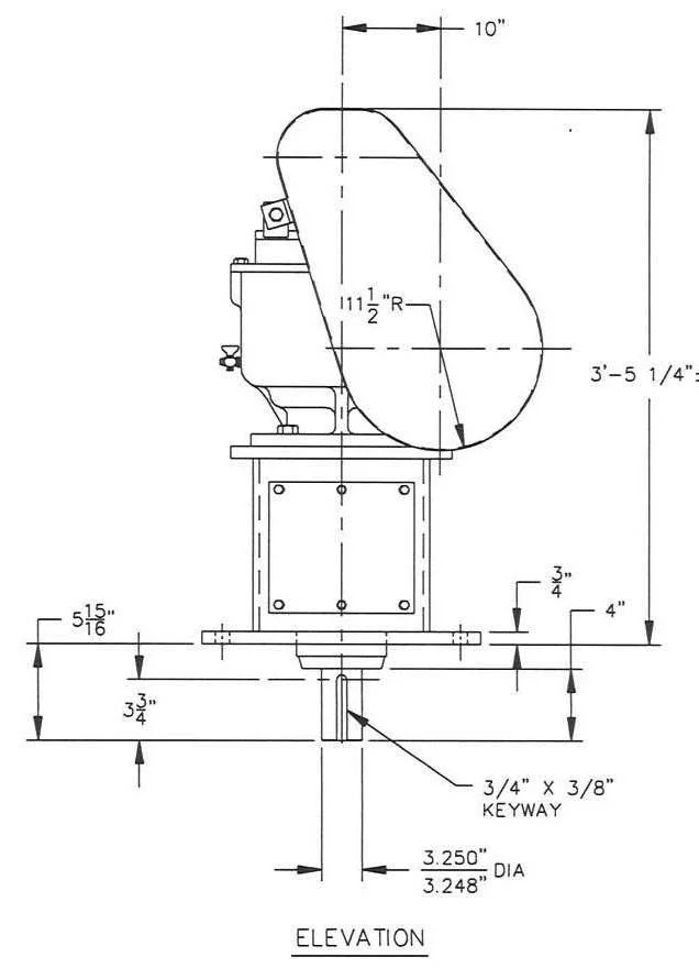 Technical drawing of a mechanical device with dimensions and specifications, including a circular component, mounting base, and a keyway shaft. Technical details and measurements are labeled.
