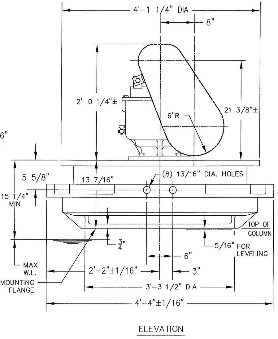 Technical drawing of a toilet installation showing elevation, dimensions, mounting flange, and bolt hole locations.