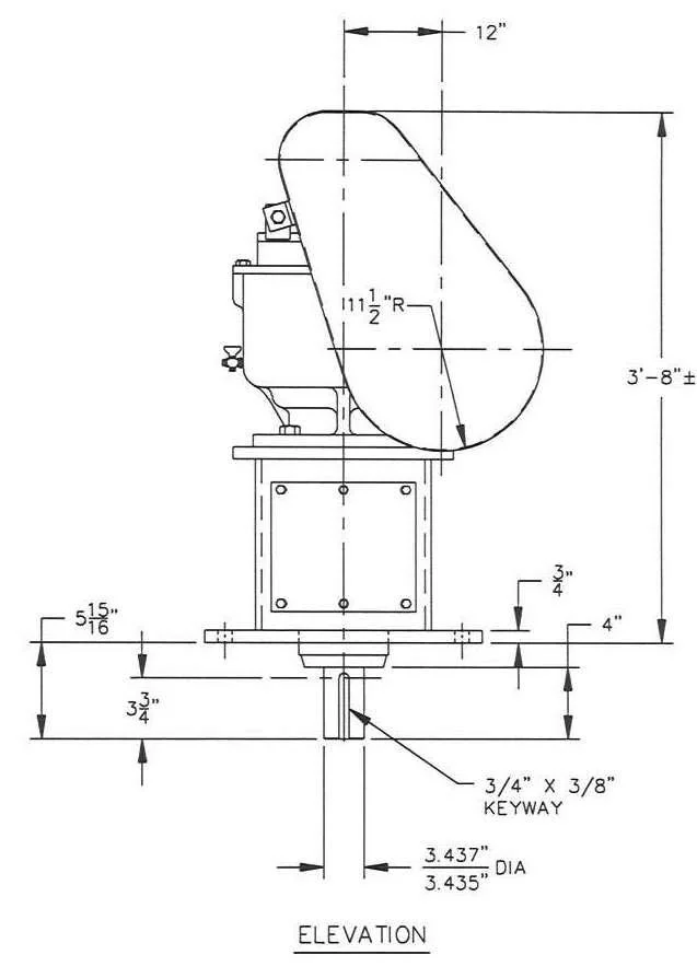 Technical engineering drawing of a mechanical component with measurements, including a keyway, mounting plate, and various dimensions in inches.