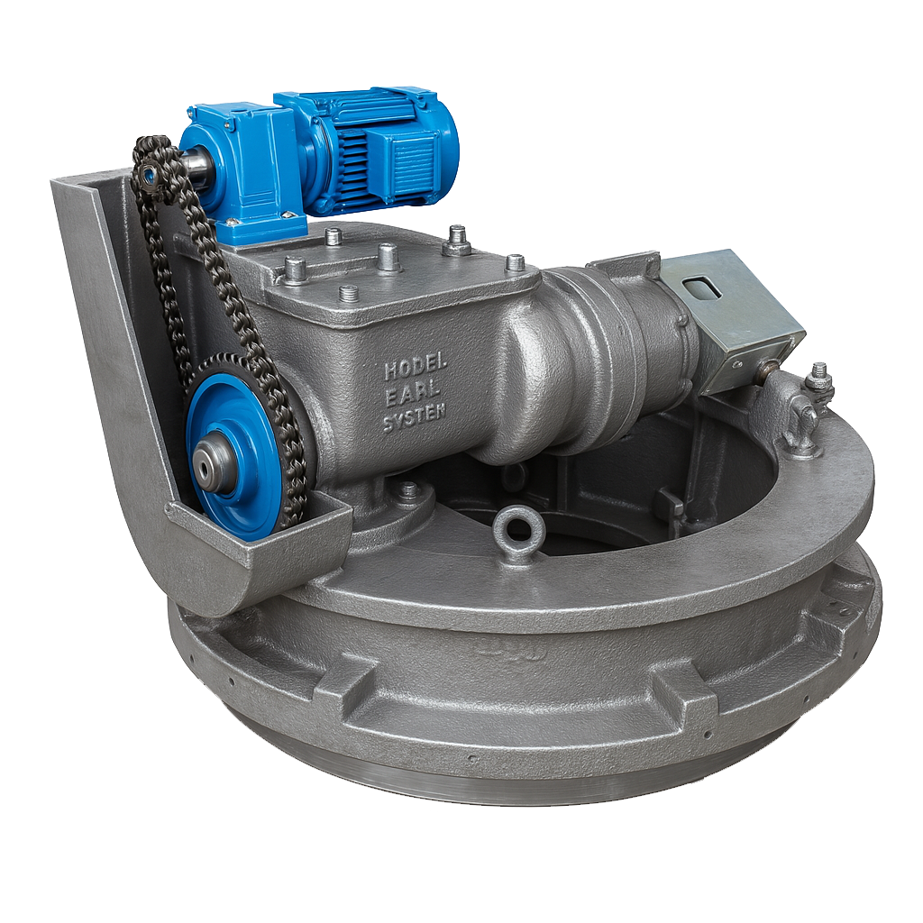 Industrial valve with a blue electric actuator and chain drive, mounted on a gray metallic base.