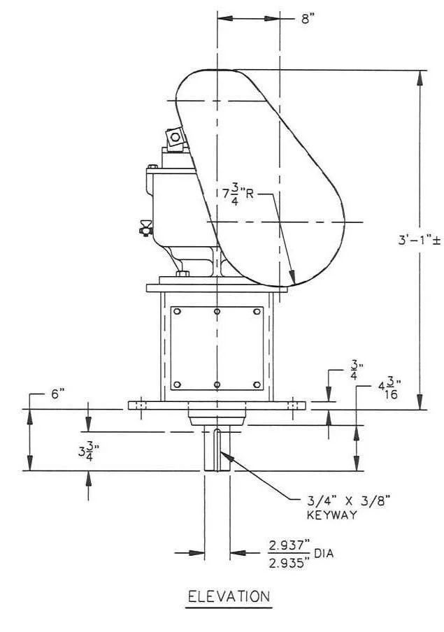 Technical drawing of a mechanical part, showing side elevation with measurements and specifications such as 8 inches, 6 inches, and a 2.937-inch diameter with detailed annotations.