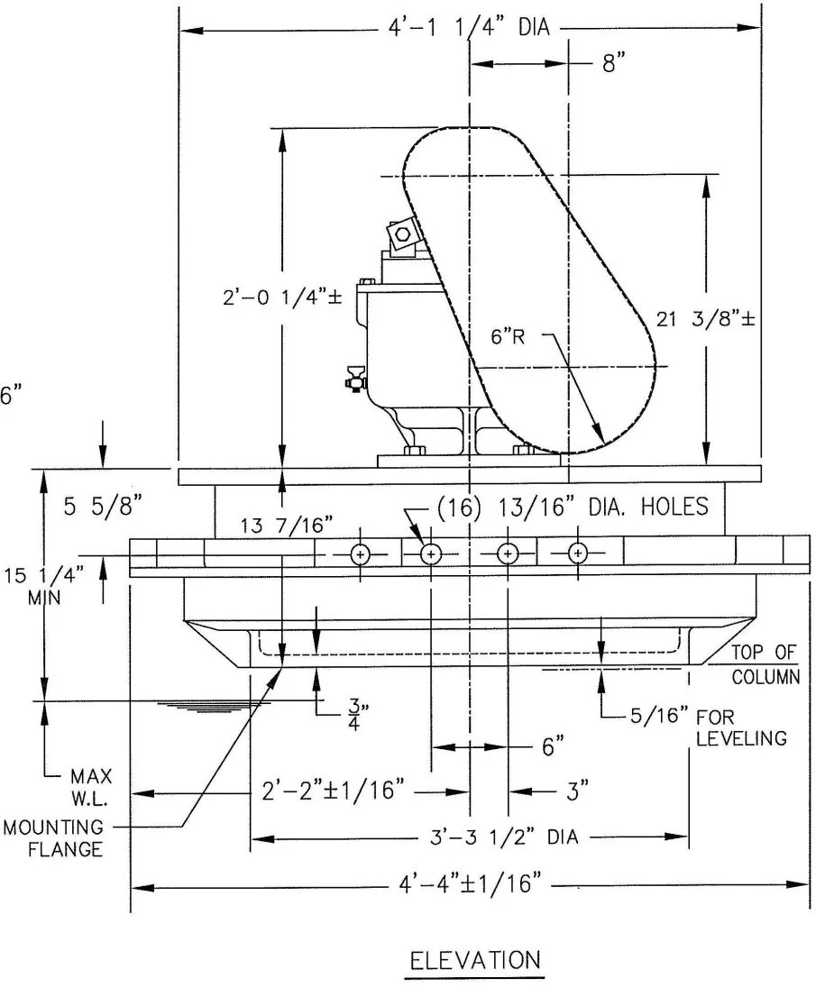 Technical engineering drawing of a mechanical component with detailed measurements, holes, and mounting flange.