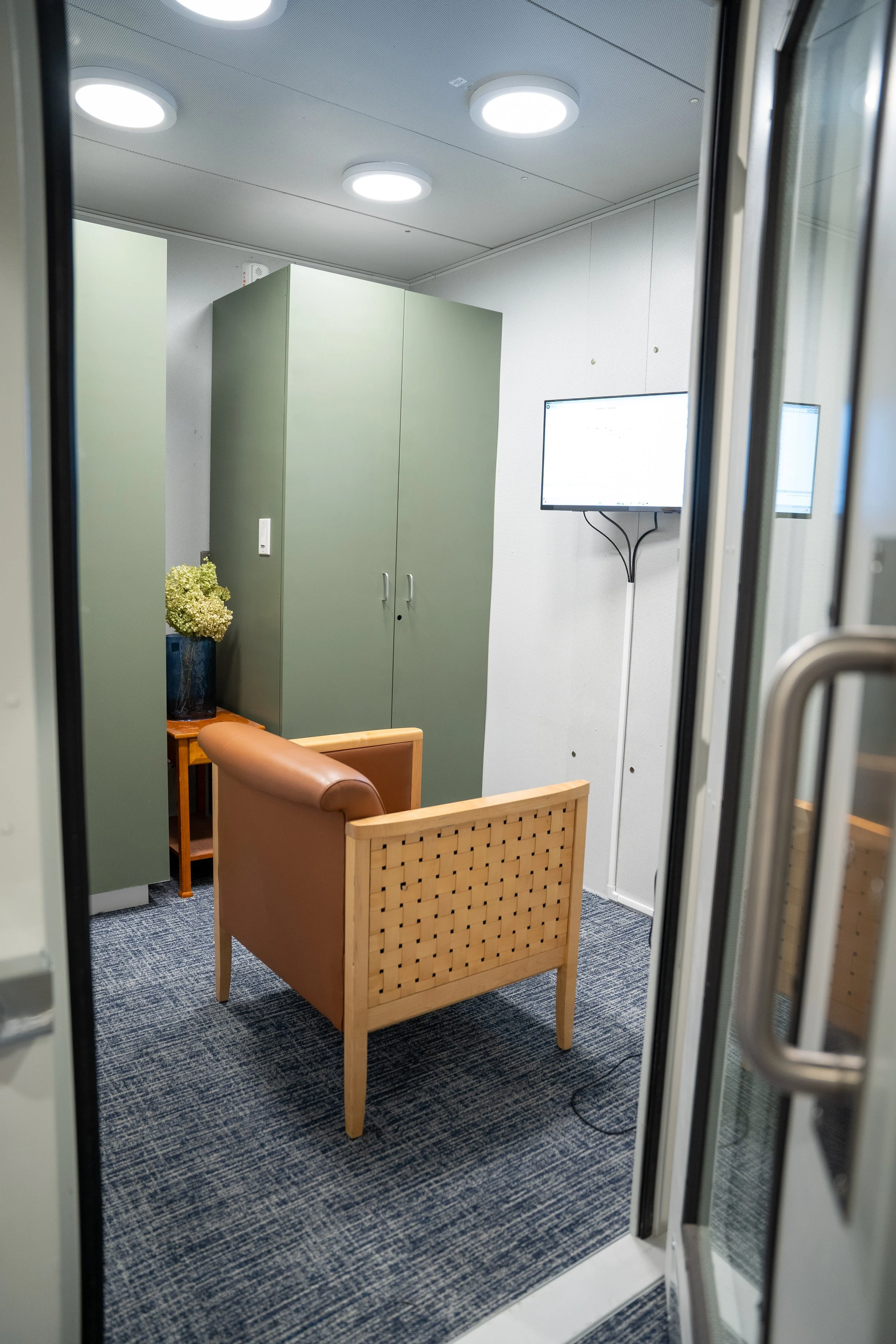 Interior of a sound proof booth viewed through a glass door, featuring a brown armchair, a wooden side table with a potted plant, and a large green cabinet. Two flat-screen monitors are mounted on the wall.