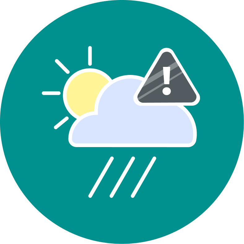 Weather warning icon showing rain, cloudy sky, sun, and an alert sign