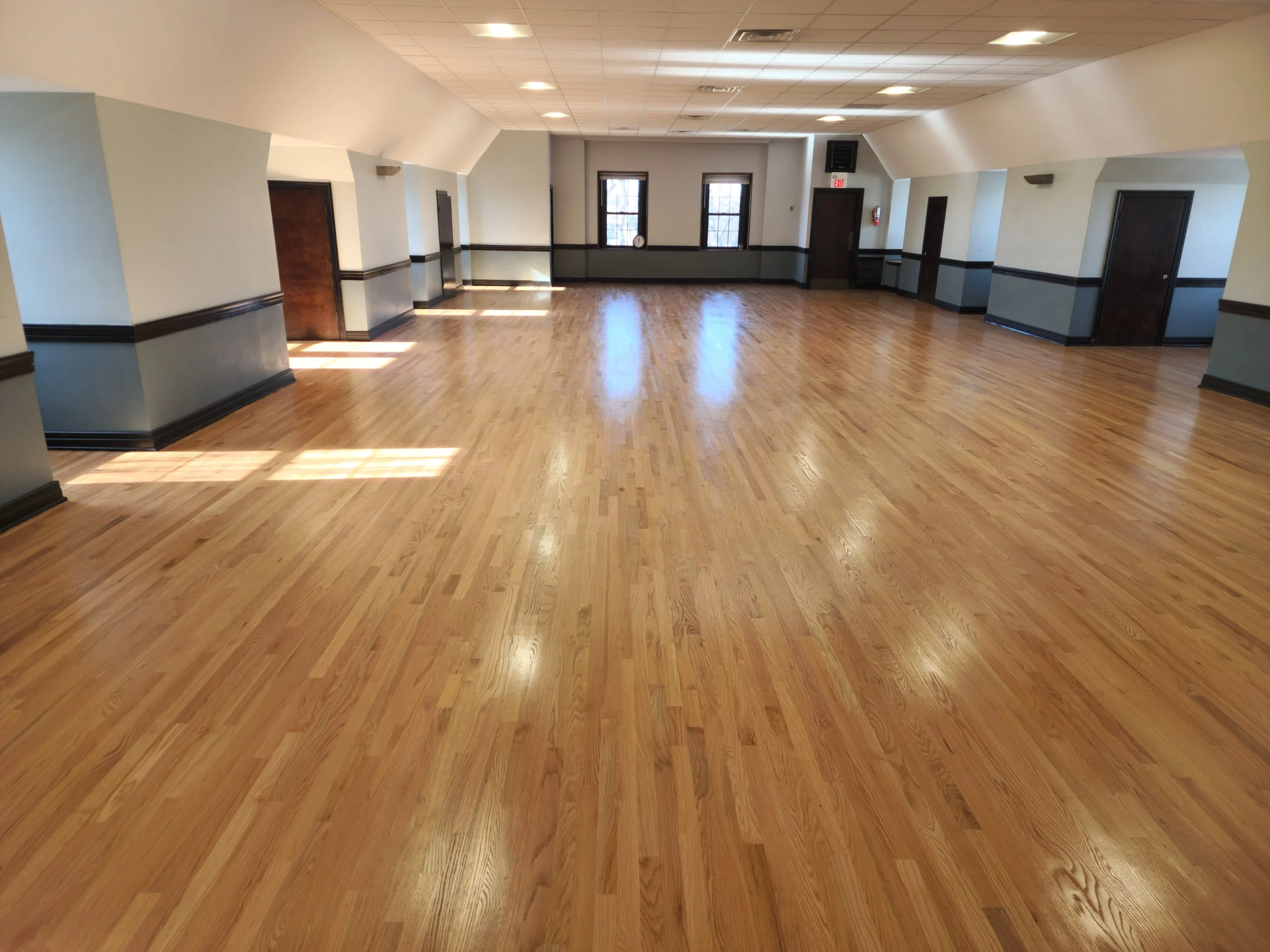 Empty room with hardwood flooring, white walls with gray and black trim, multiple windows, and ceiling lights.