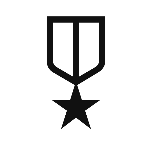 A black silhouette of a military medal with a star hanging from a ribbon