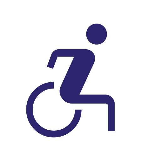 Accessibility symbol of a person in a wheelchair, dark blue on black background.