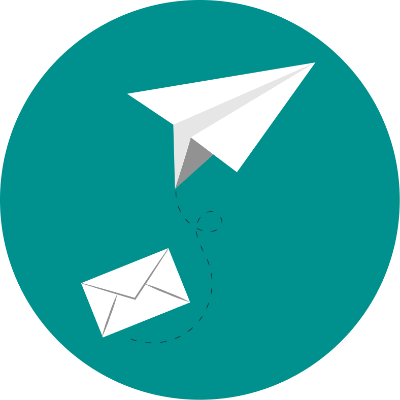 Illustration of a paper airplane flying from an envelope, with a dashed line showing its flight path on a teal circular background.