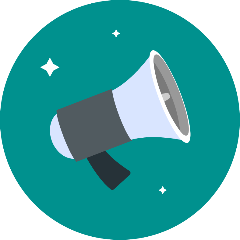 A digital illustration of a megaphone with a cosmic background with stars.