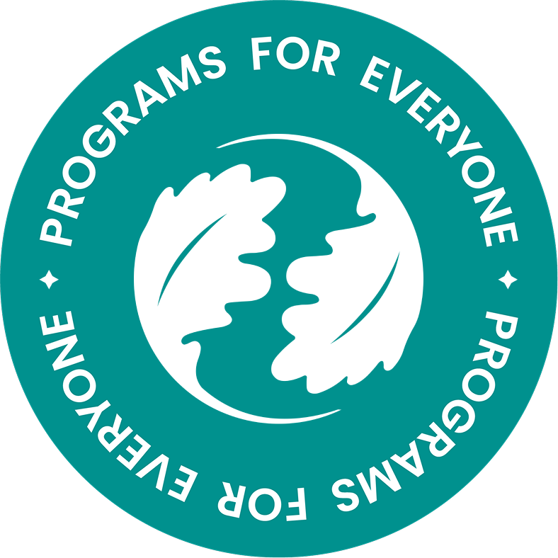 A circular badge with a teal background featuring a white stylized image of two hands reaching towards each other and a speech bubble. The text around the badge reads 'Programs for Everyone' repeatedly.