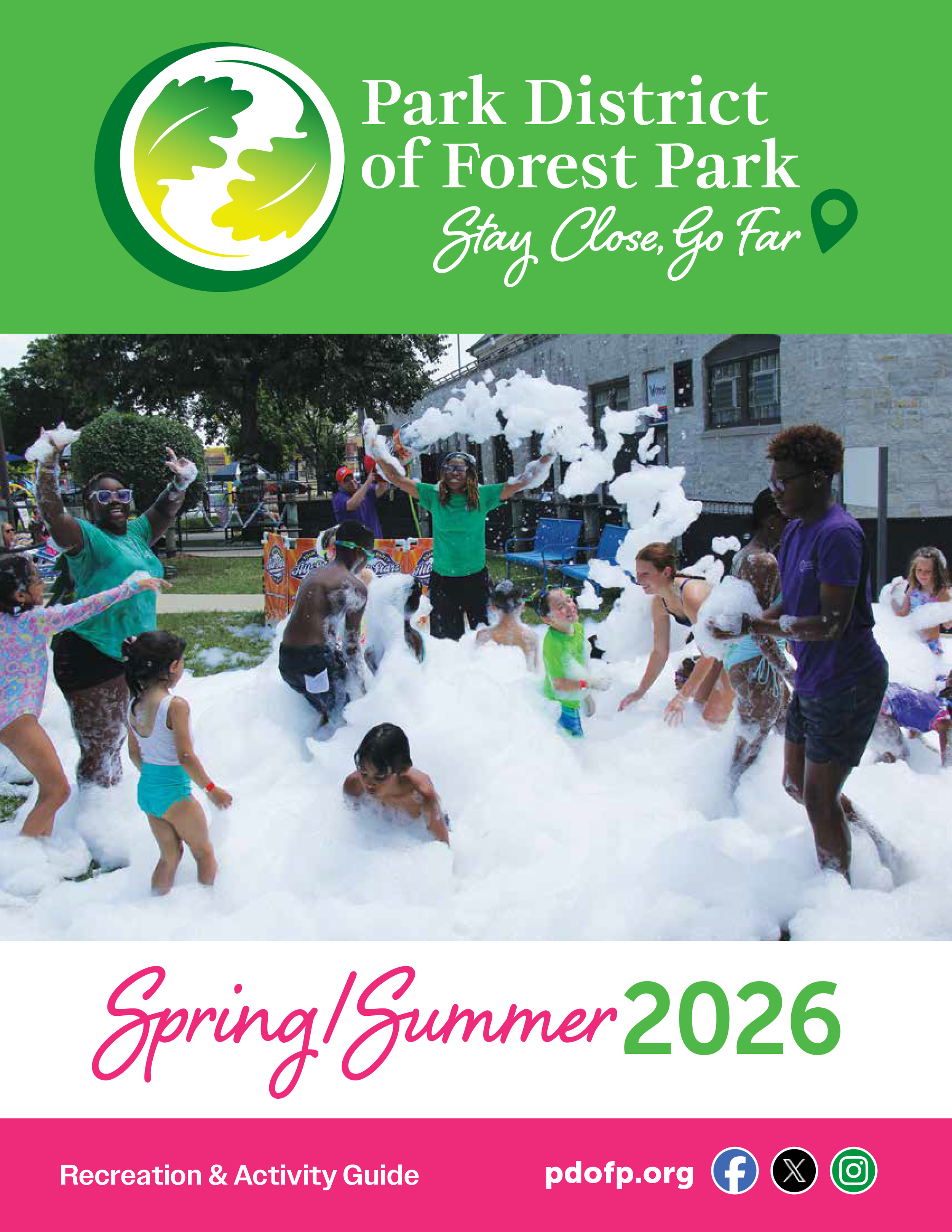 Park District of Forest Park Program Guide Cover with Campers and Counselors playing at a foam party