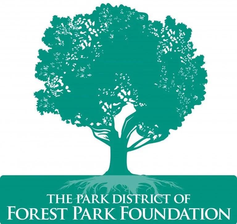 Stylized teal silhouette of a large tree with visible roots and dense canopy above a solid teal rectangle. The rectangle contains the text 'THE PARK DISTRICT OF FOREST PARK FOUNDATION' in white.