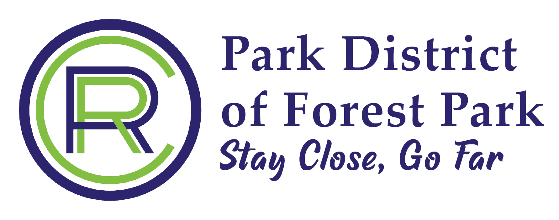 Logo for Park District of Forest Park with a green and blue stylized letter R and the slogan "Stay Close, Go Far."