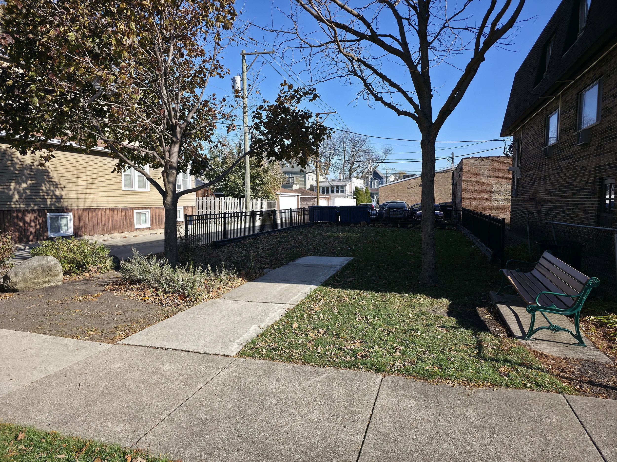 A sidewalk and a small patch of grass with two leafless trees, a bench, and some parked cars in the background on a clear, sunny day.