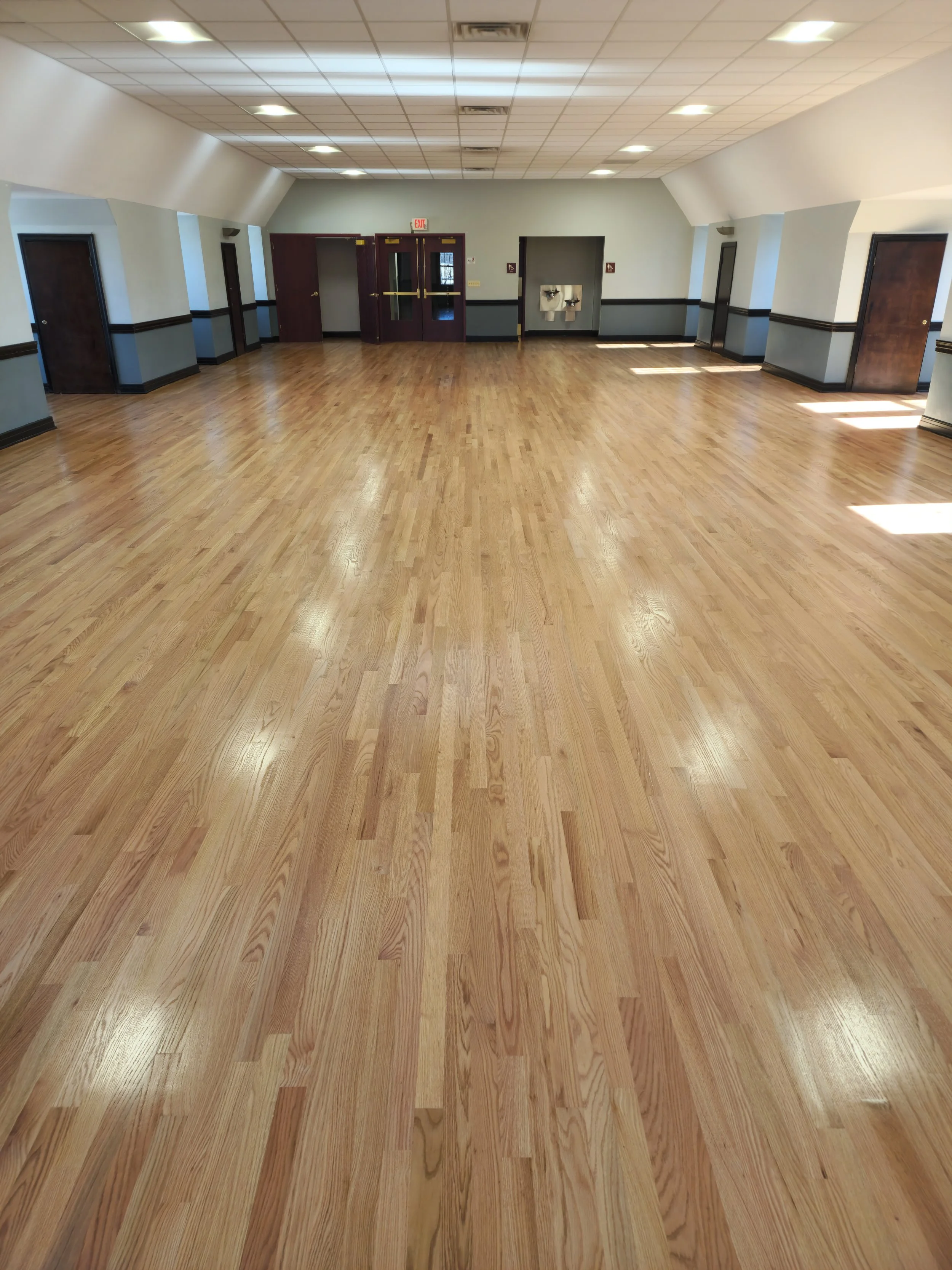 Empty room with wooden flooring, cream walls with black trim, and several doors; window light reflections on the floor.